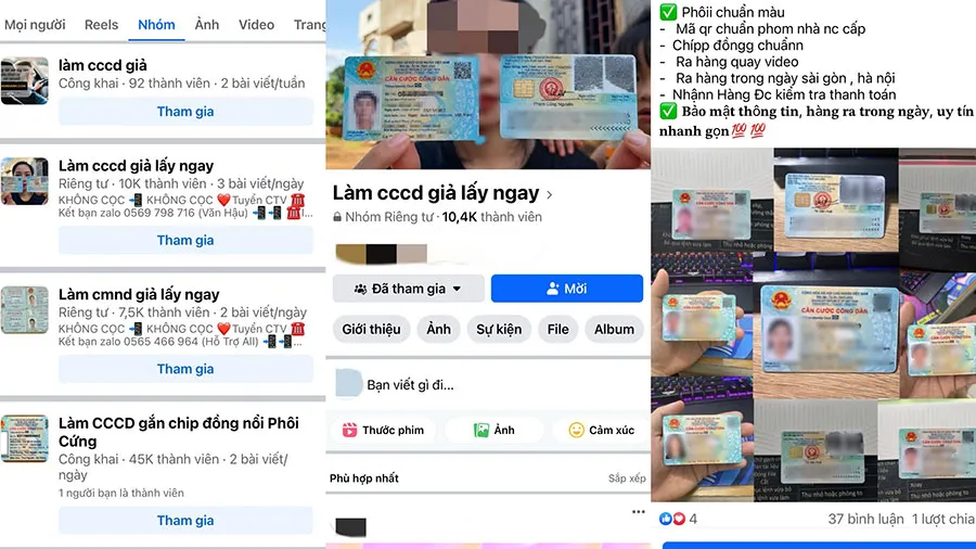 Các hội nhóm trên mạng xã hội đăng nhiều bài viết quảng cáo cam kết làm CCCD giả “như thật”. Ảnh chụp màn hình Lam-gia-CCCD_17-10.jpg